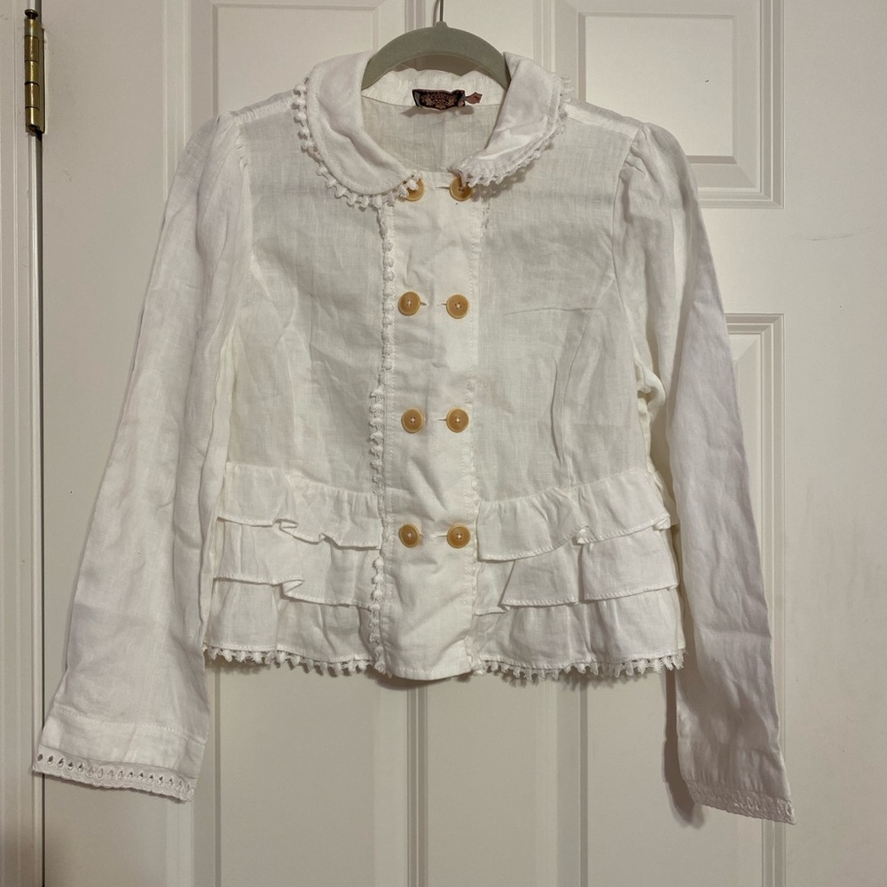 Juicy Couture White Ruffled Button-Up Blouse, Size Medium